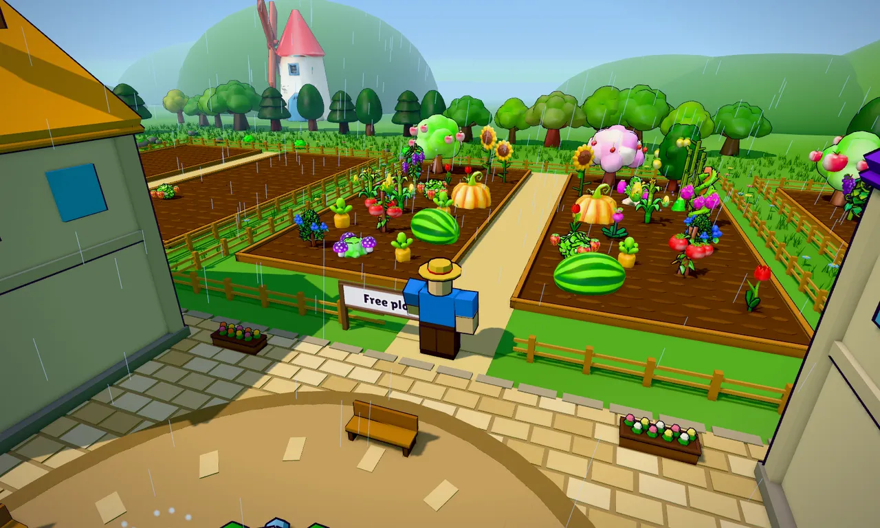A full garden of fruit trees, flowers and melons