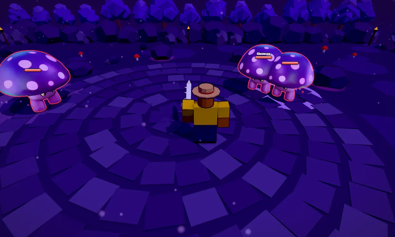 A player fighting giant mushroom monsters in the Shadow Grove