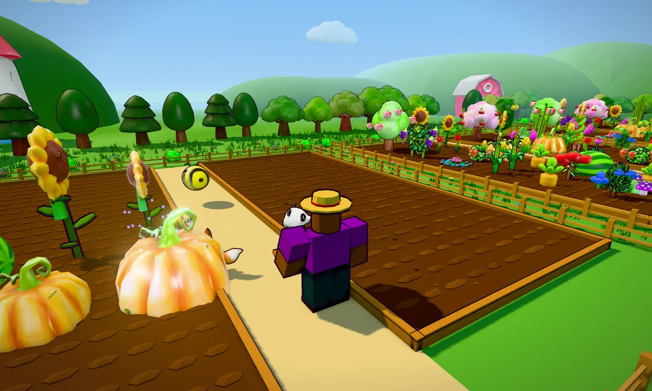 Giant pumpkins growing next to a player and their pets