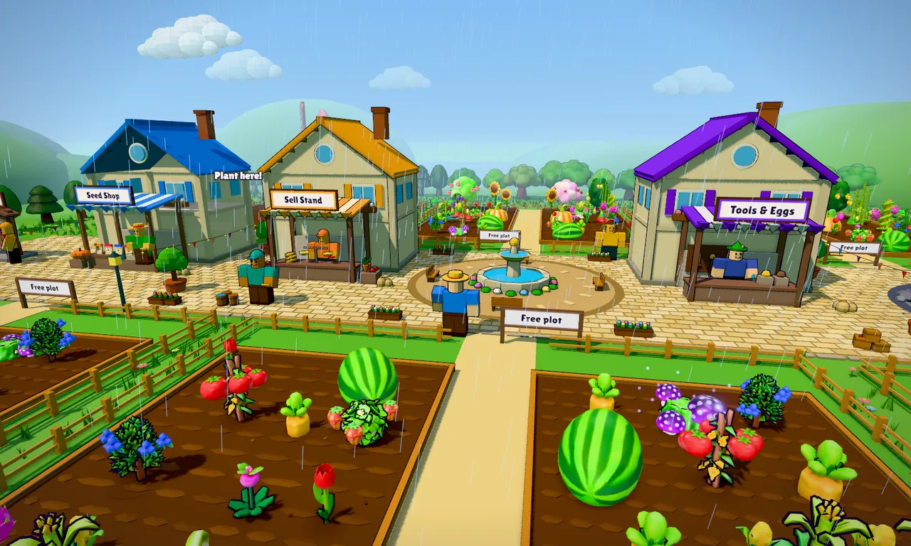 The Grow a Farm town: shops, a fountain and players' gardens full of crops